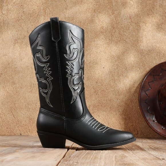 DREAM PAIRS Womens Black Cowboy Western Cowgirl Boots Pointed Toe Wide Calf - Picture 2 of 7